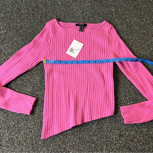 FOREVER21 NWT Bright Pink Square Neck Asymmetrical Ribbed Knit Sweater Shirt M - Picture 14 of 16